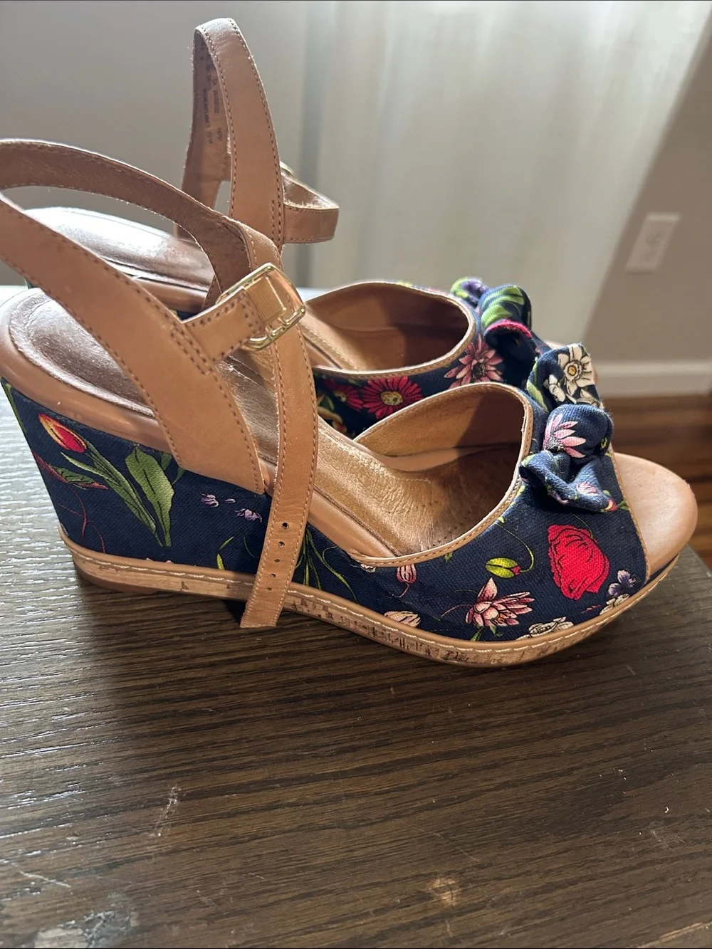 Clarks Navy Floral Bow Wedge Sandals with Tan Straps